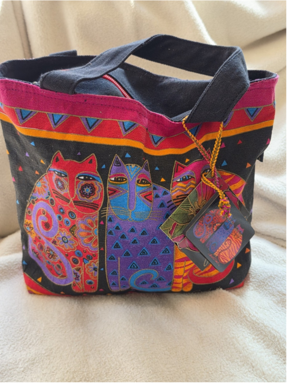 NWT Laurel Burch Feline Friends Canvas Mini Tote Bag Cat Purse SM Zipper Charm